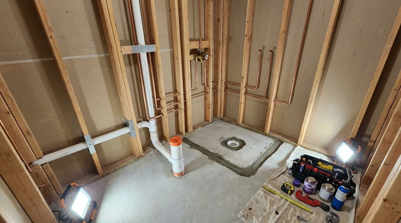Bathroom rough-in plumbing during remodel by Johns Plumbing LLC in Terrell