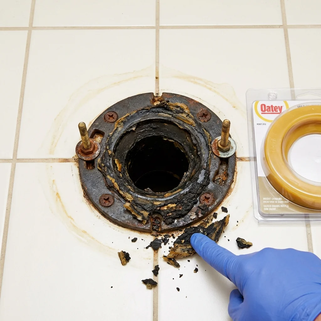 Failed wax ring showing water seepage at the base of a toilet in a Terrell, TX home
